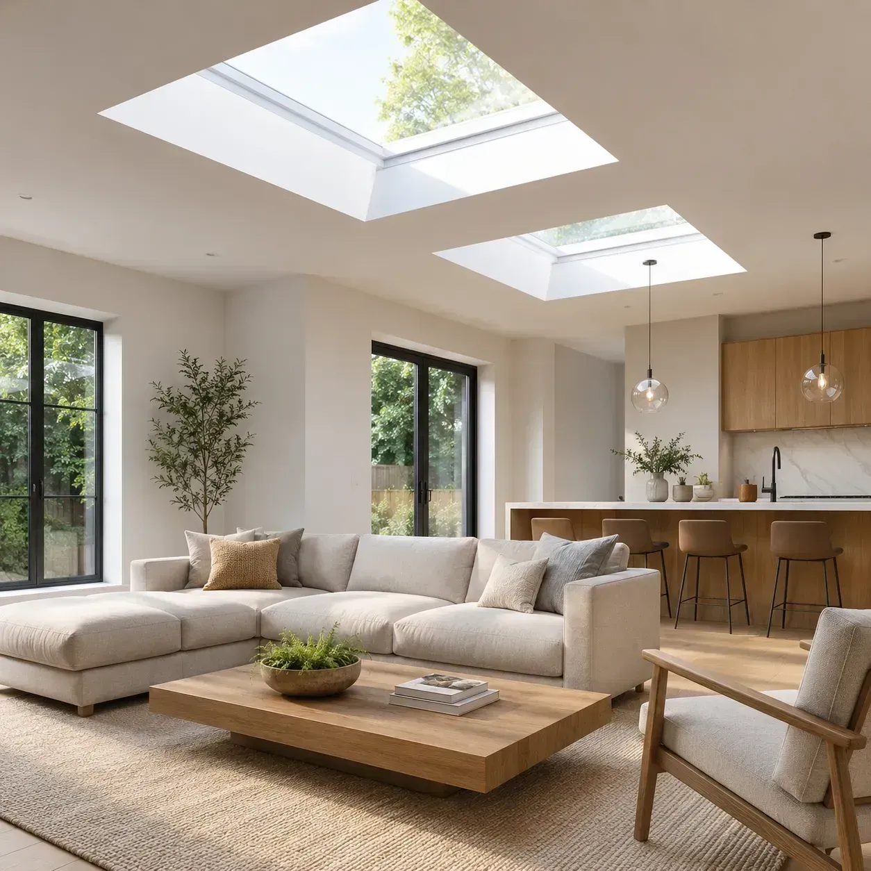 Bright modern living room with skylights, beige sectional sofa, wooden coffee table, and open kitchen.