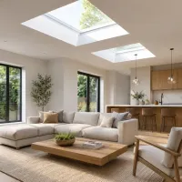 Bright modern living room with skylights, beige sectional sofa, wooden coffee table, and open kitchen.