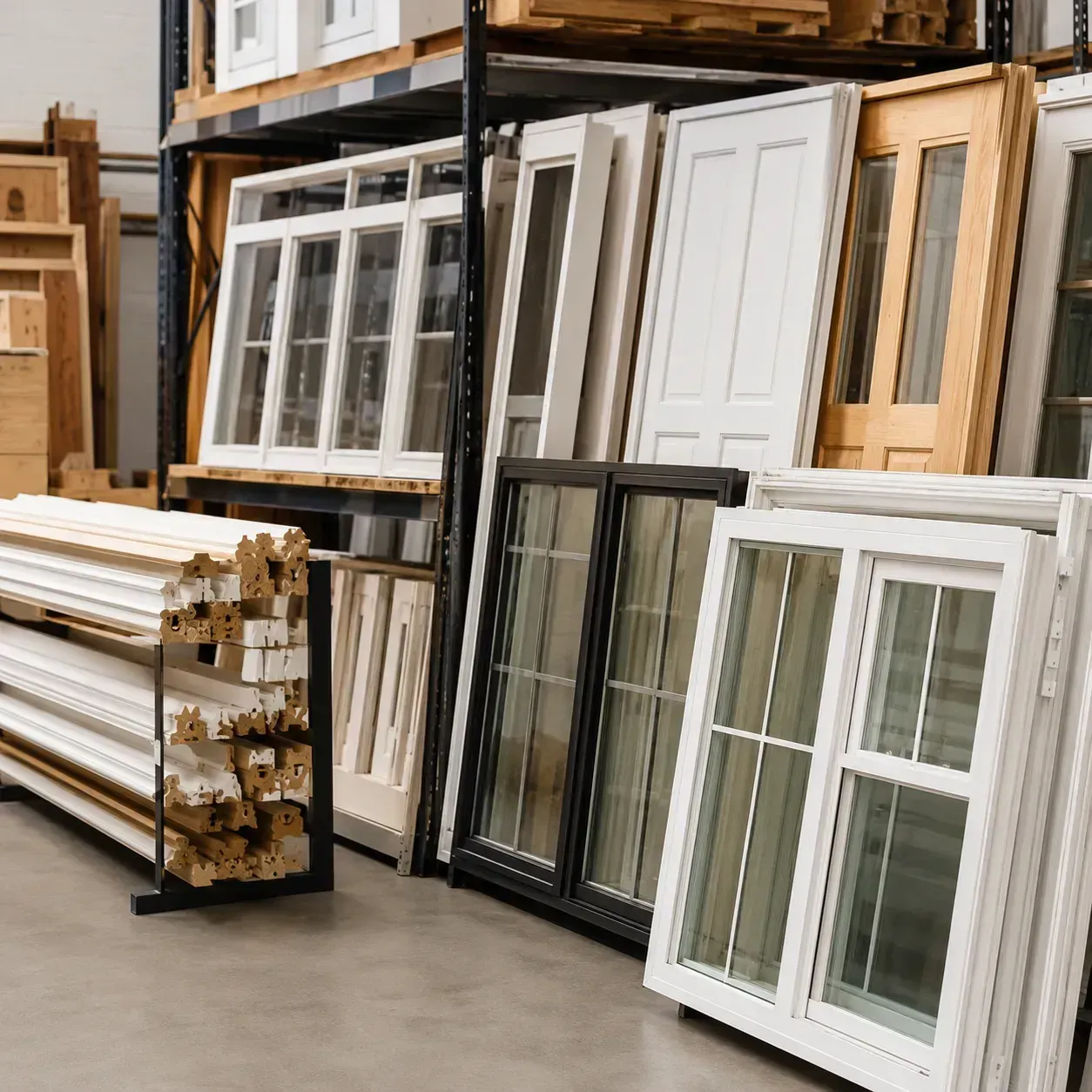 Stacked doors, windows, and white trim stored in a warehouse aisle.