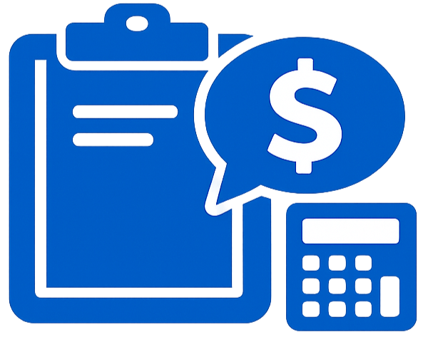 Blue clipboard, speech bubble with dollar sign, and calculator icon representing billing or budgeting.