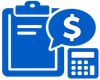 Blue clipboard, speech bubble with dollar sign, and calculator icon representing billing or budgeting.