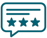 Teal chat bubble with three stars, representing a customer review or rating
