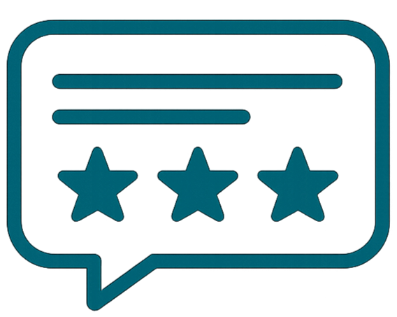 Teal chat bubble with three stars, representing a customer review or rating