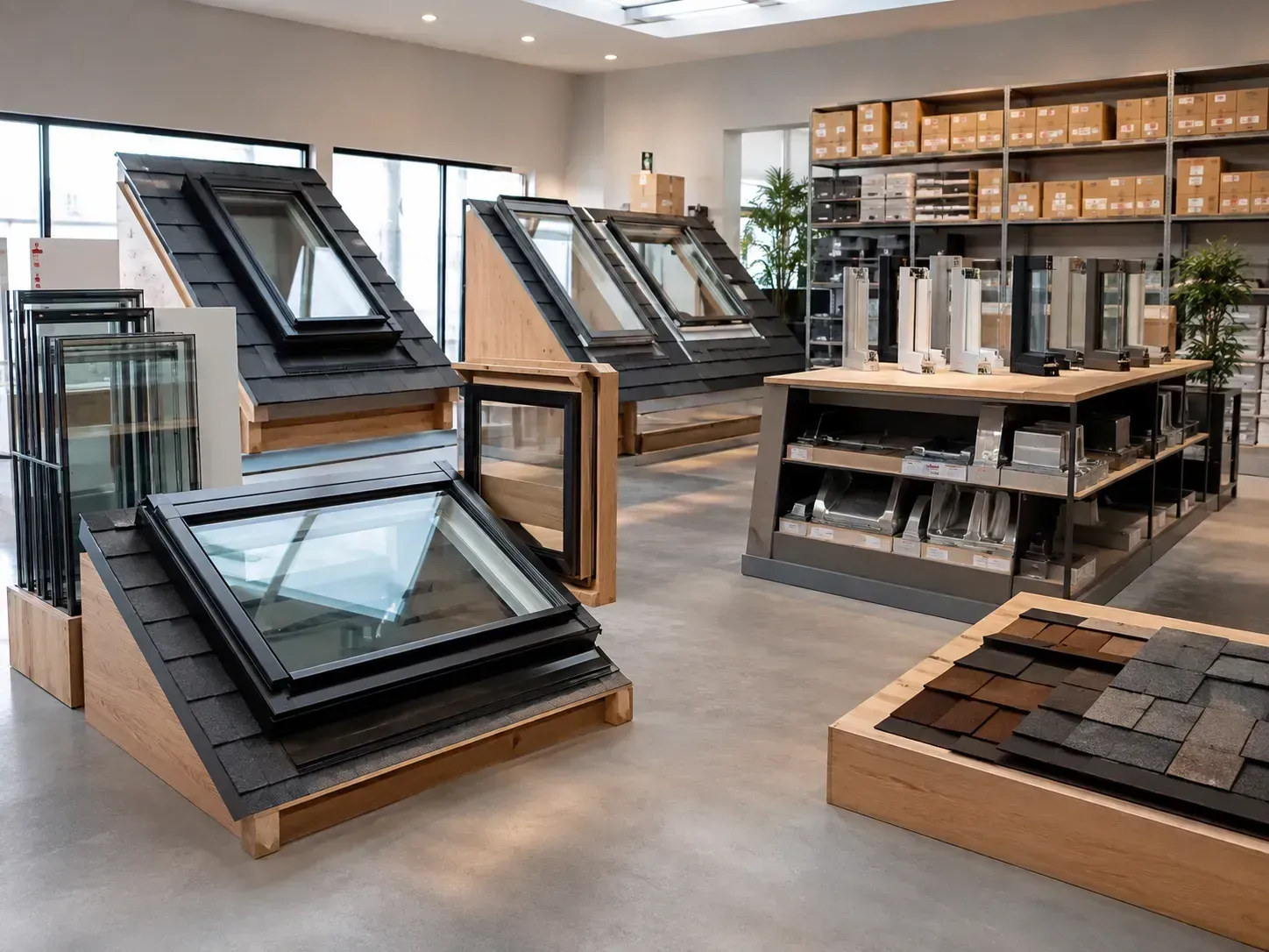 Showroom of skylight windows and roofing samples displayed on wooden stands in a modern showroom