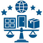 Blue legal balance icon with globe, stars, door, window, and package symbols