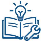 Blue outline icon of open book, light bulb, and wrench, symbolizing learning and repair