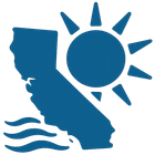 Blue California silhouette with sun and ocean waves icon