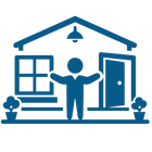 Blue house icon with a person standing between an open window and door, arms outstretched