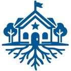 Blue schoolhouse icon with a flag, star, trees, and exposed roots underneath