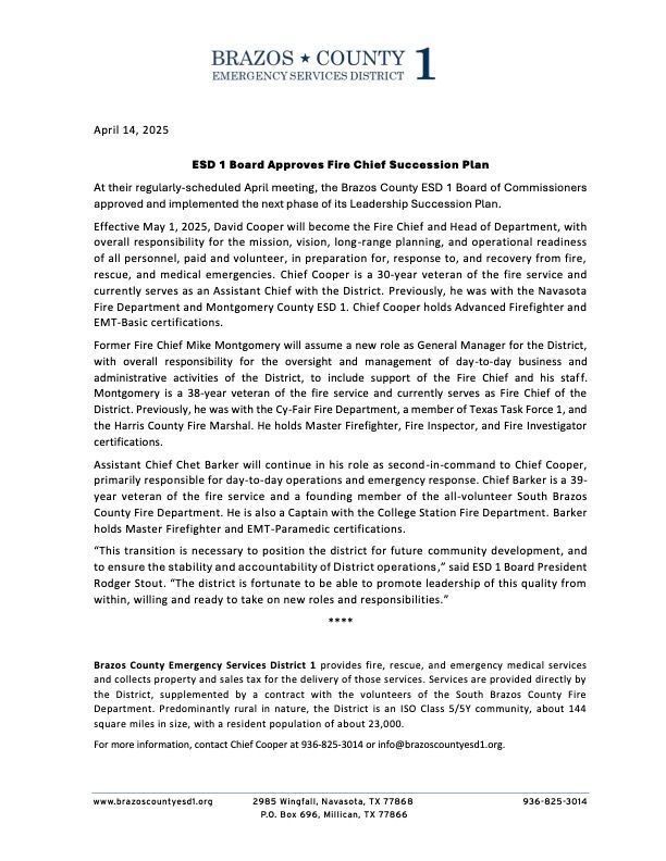A document showing the fire chief's succession plan