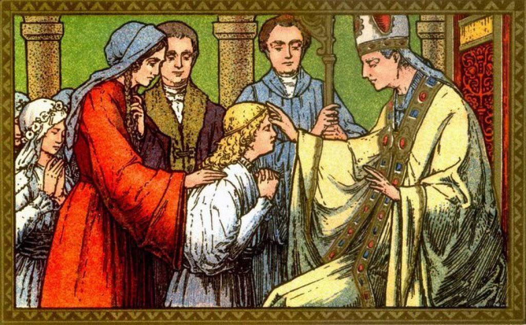 Medieval scene of a crowned figure blessing a kneeling child while others watch in ornate robes