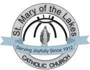 St. Mary of the Lakes Catholic Church logo with blue ribbon reading “Serving Joyfully Since 1912”