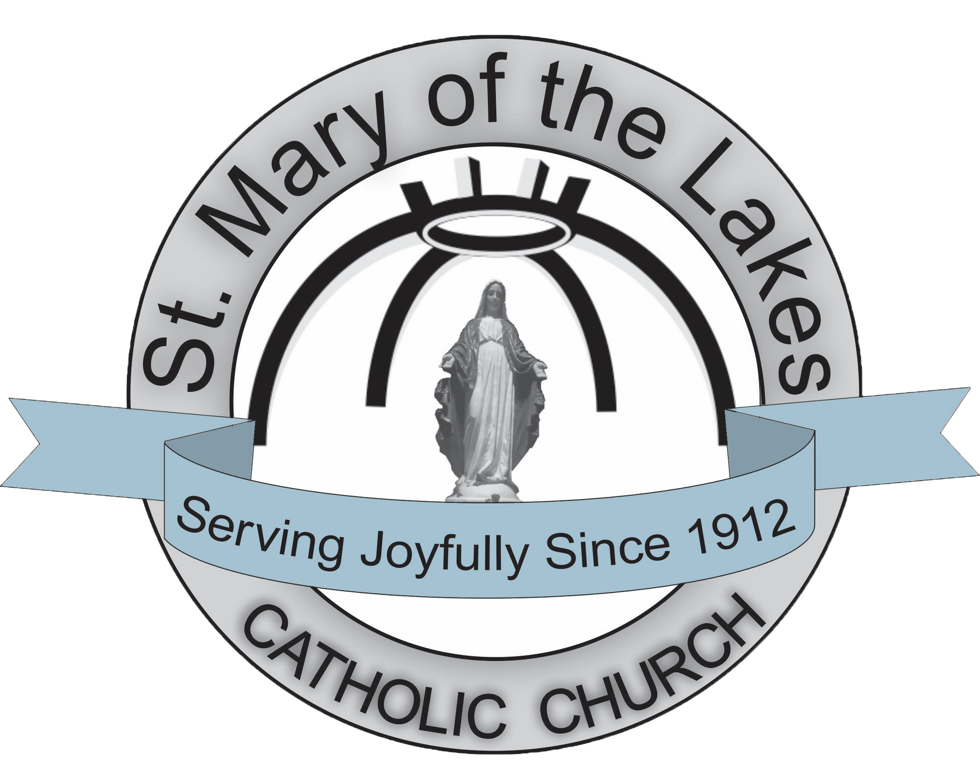 St. Mary of the Lakes Catholic Church logo with blue ribbon reading “Serving Joyfully Since 1912”