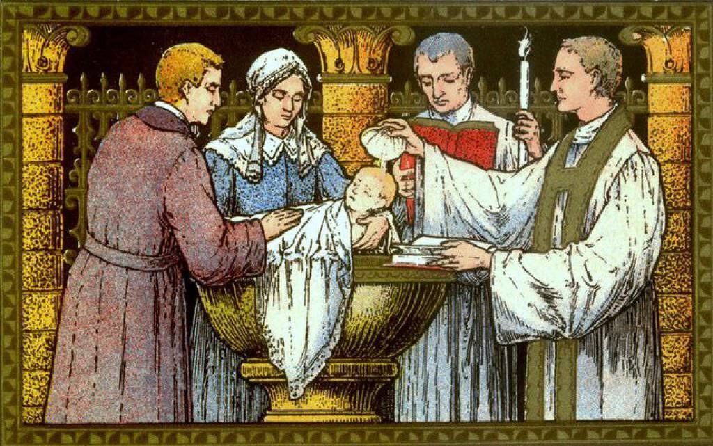 Four people stand around a baptismal font, holding a baby in a church setting.