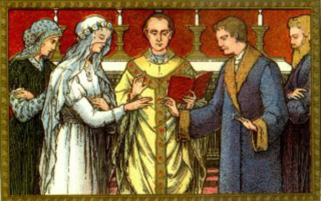 Medieval scene of five people in robes and gowns exchanging a document indoors