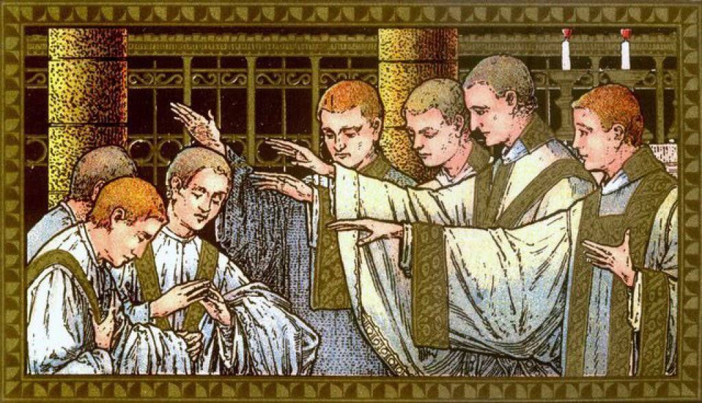 Medieval-style church ceremony with clergy in white robes gathered around a seated figure under candlelight
