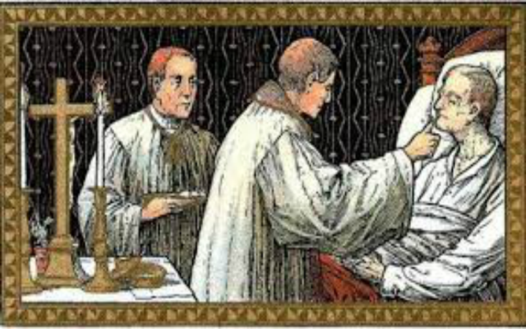 Priest giving last rites to a bedridden patient while another priest stands by the cross and candles