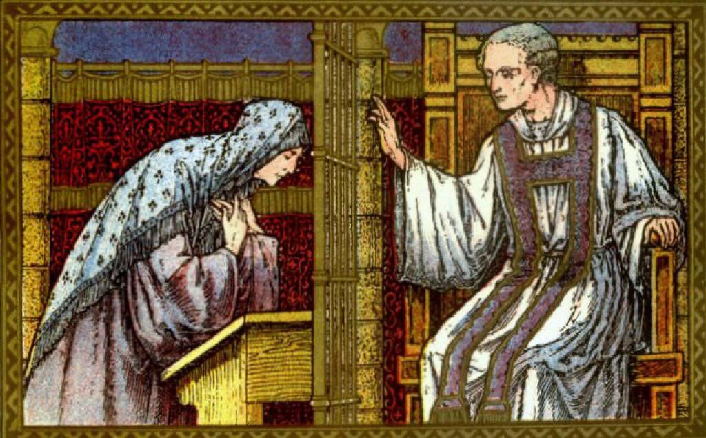 A man in white robes speaks to a kneeling veiled woman inside a richly decorated room.