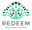 Logo for Redeem Recovery Centers. Teal figure embracing leaves, black accents. Text: Redeem Recovery Centers.