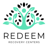Logo for Redeem Recovery Centers. Teal figure embracing leaves, black accents. Text: Redeem Recovery Centers.