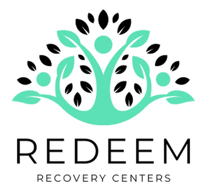 Logo for Redeem Recovery Centers. Teal figure embracing leaves, black accents. Text: Redeem Recovery Centers.