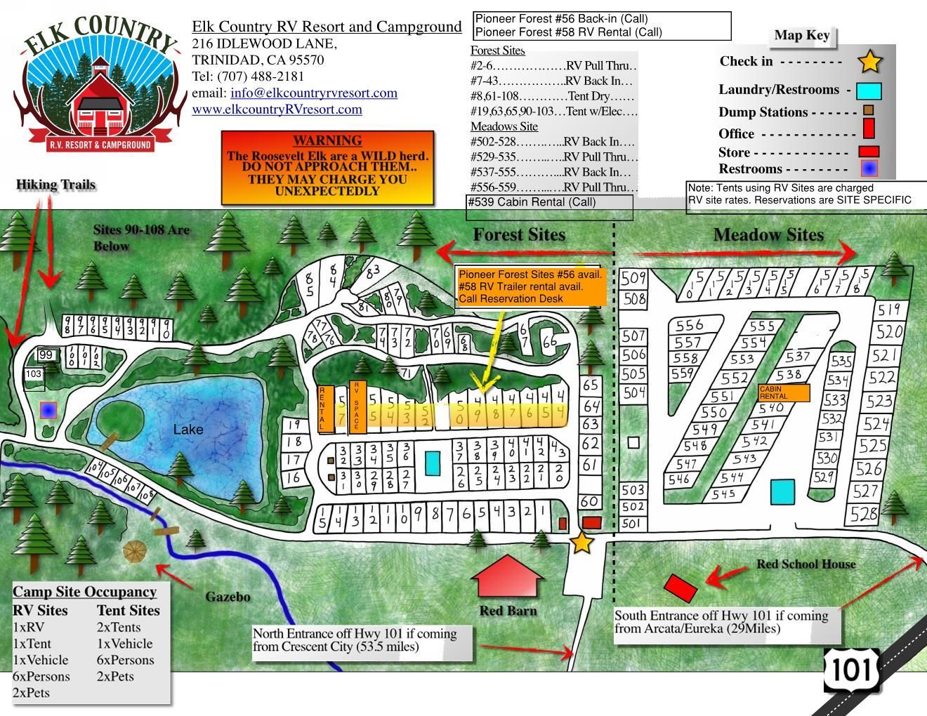 Illustrated campground map with cabins, lake, roads, trails, and RV sites, labeled with amenities and route 101