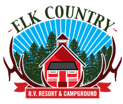 Elk Country RV Resort & Campground logo with red barn, pine trees, sunrise, and elk antlers