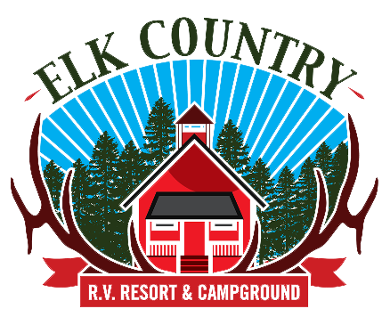 Elk Country RV Resort & Campground logo with red barn, pine trees, sunrise, and elk antlers