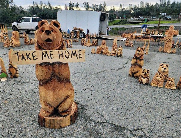 Wooden dog carvings, one holding a “TAKE ME HOME” sign, displayed outdoors in a parking lot.