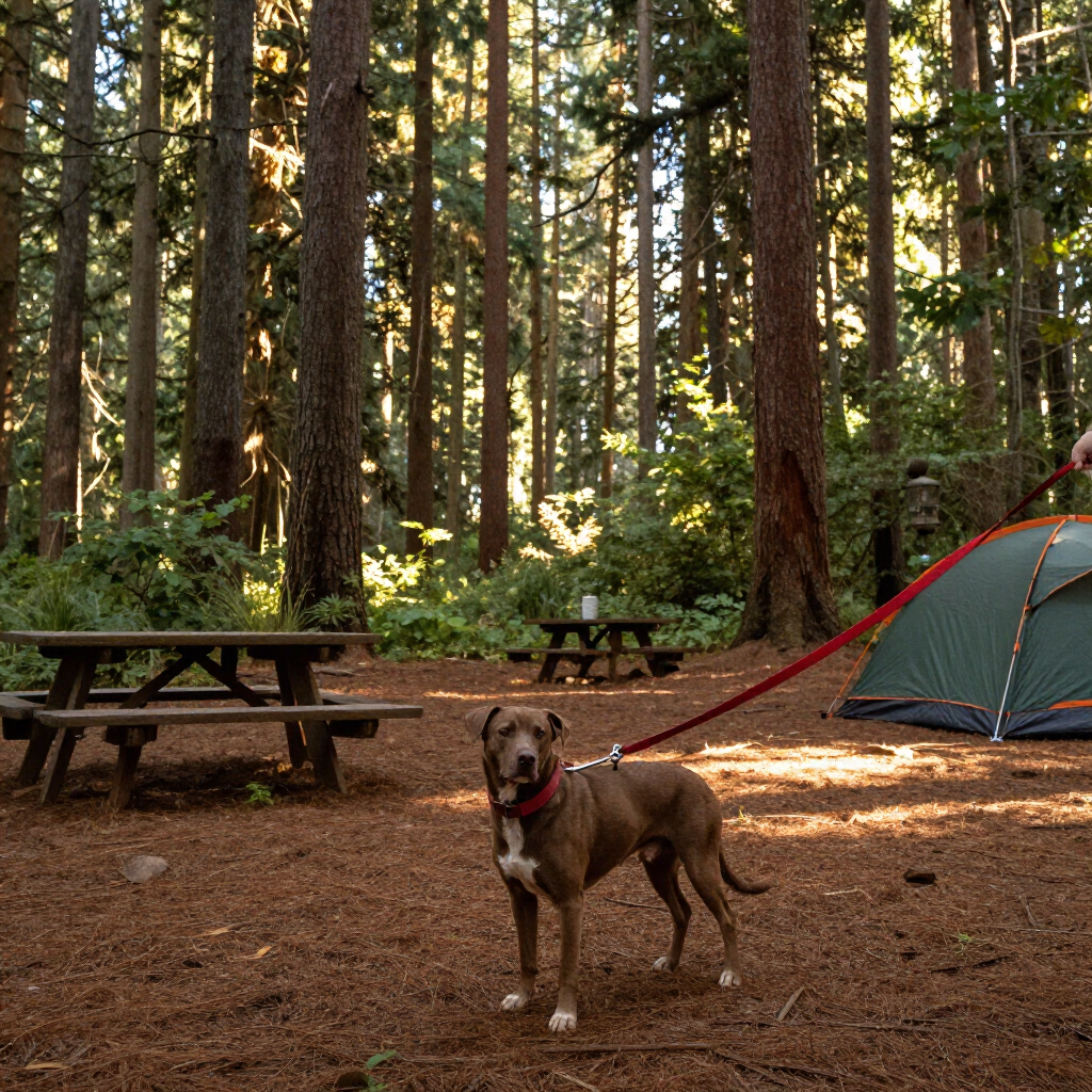 Brown dog on a red leash by a blue tent and picnic table in a forest campsite