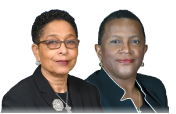 Two professionals in dark blazers posing for a headshot against a white background.