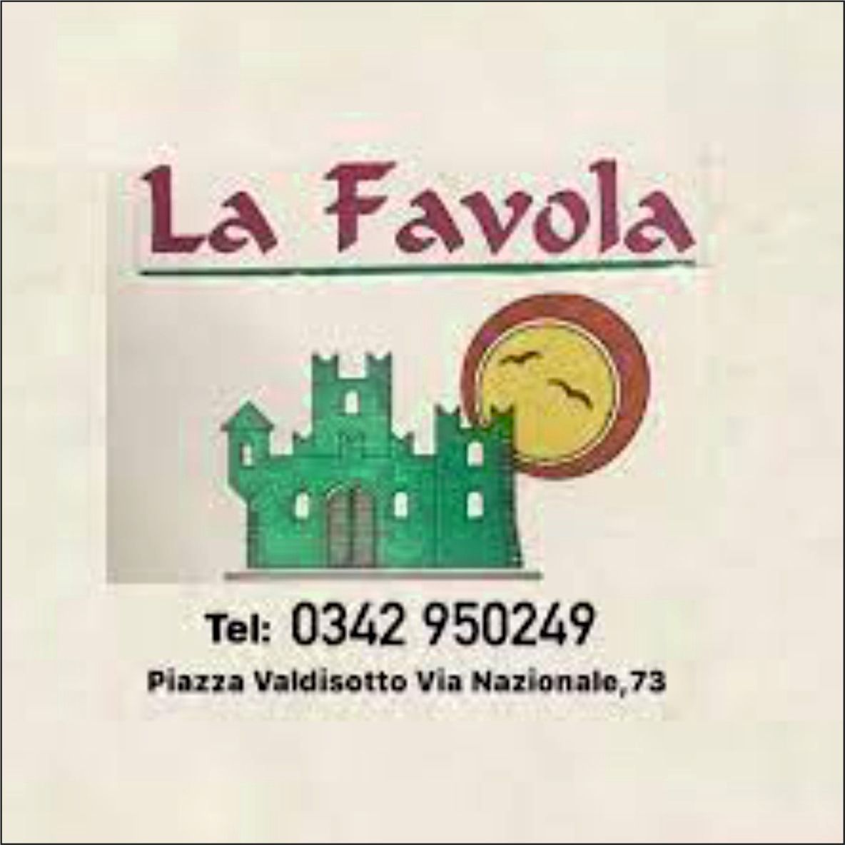 Un logo per un ristorante chiamato la favola con un castello e un sole.