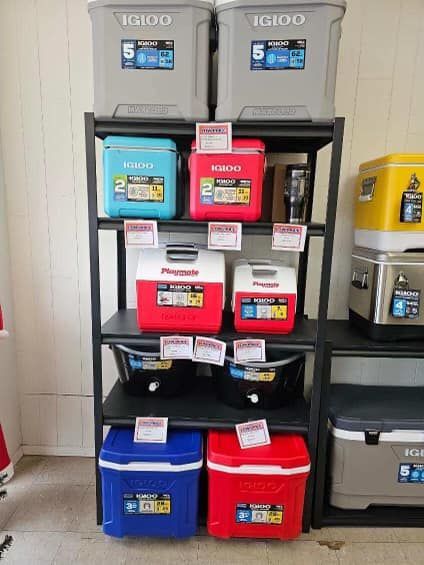 Stacked Igloo coolers in a store aisle, with blue, pink, red, and gray bins on display.