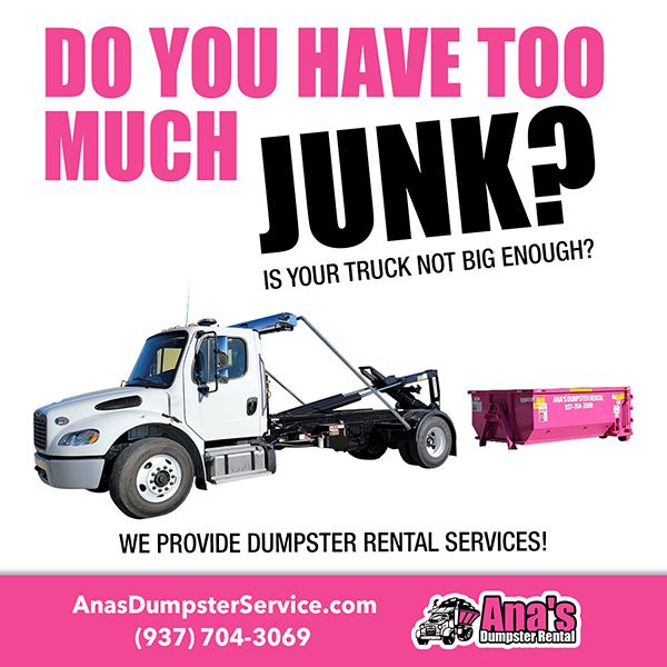 Pink-and-black dumpster rental ad with a tow truck carrying a dumpster and “Do you have too much junk?” text