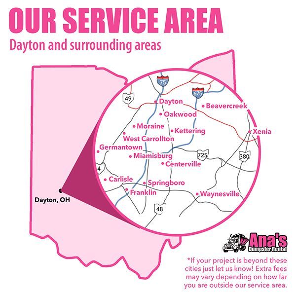 Pink service-area map of Dayton and surrounding Ohio towns, with highlighted coverage region.