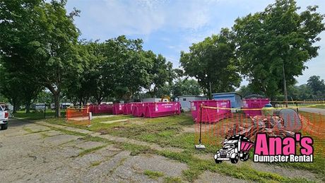 Pink construction dumpsters lined up in a grassy lot beside trees and a paved road, with Ana’s Dumpster Rental sign.