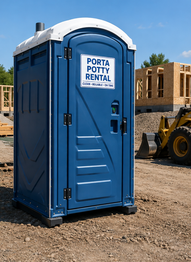 Blue portable toilet labeled