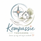 Logo voor Kompassie Thuiszorg, met een kompas, huis, hand en zacht blauwgroene letters.
