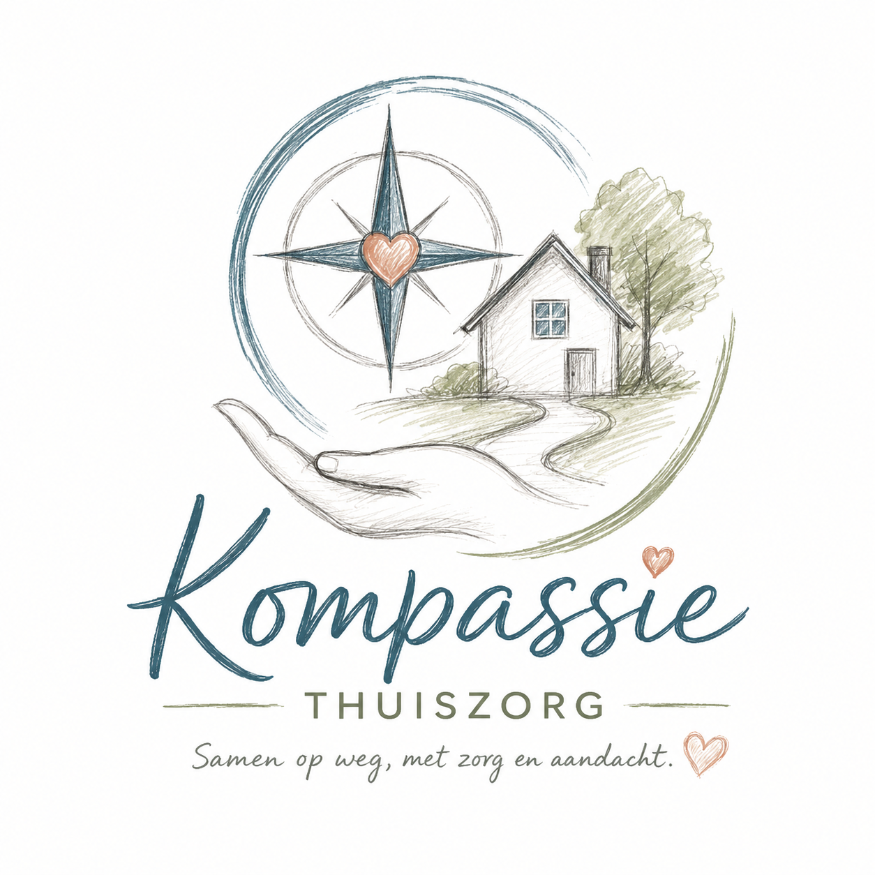 Logo voor Kompassie Thuiszorg, met een kompas, huis, hand en zacht blauwgroene letters.