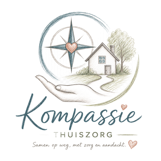 Logo voor Kompassie Thuizorg met een hand, kompas, huis en hart in zachte turquoise en beige tinten.