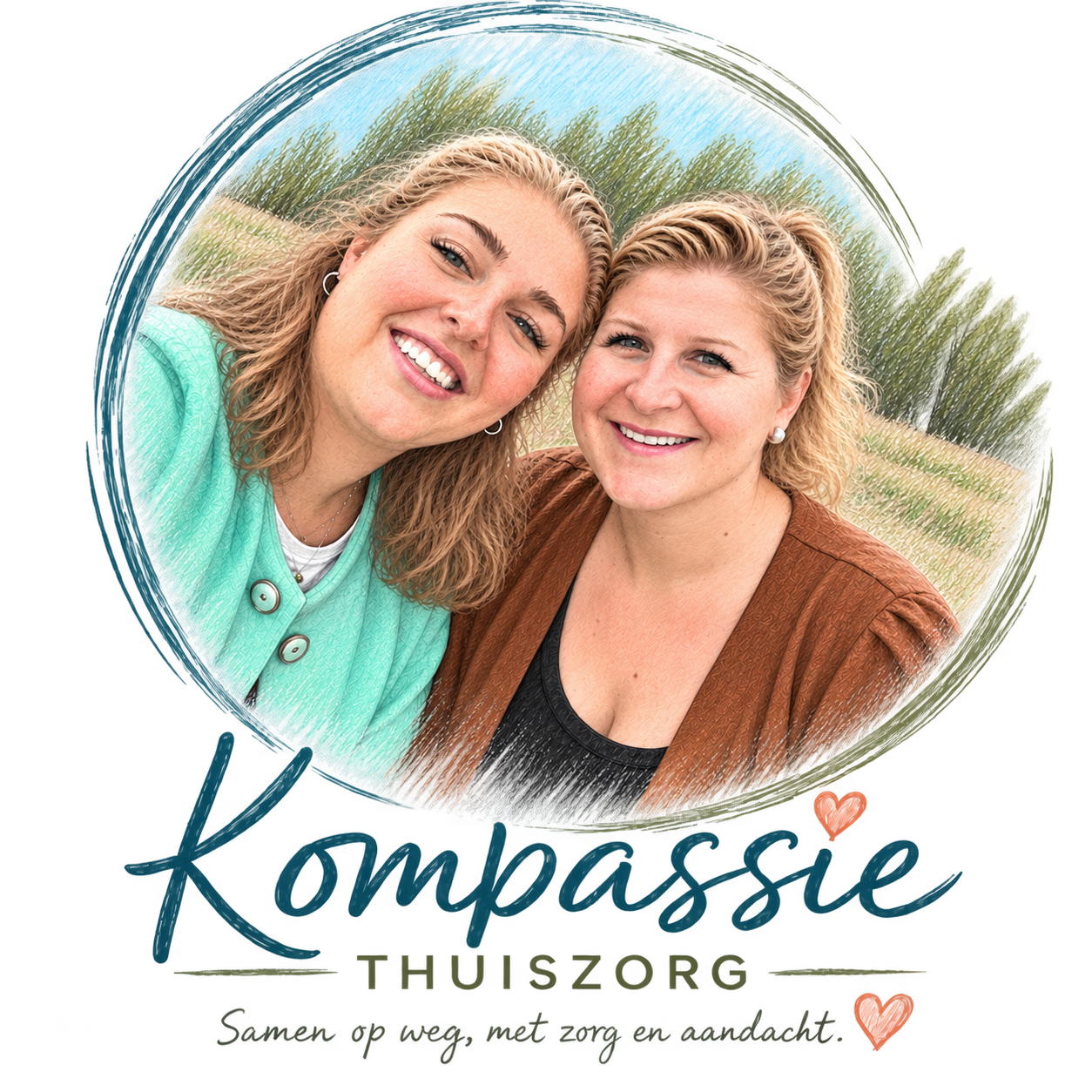 Logo voor Kompassie Thuiszorg met twee lachende vrouwen in een ronde foto en een hartvormig accent.