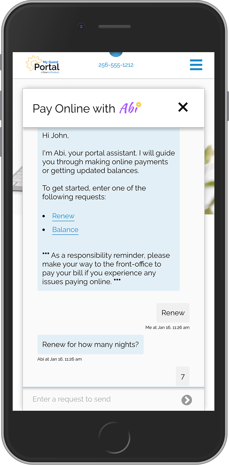 Smartphone showing a chat screen with a pop-up message about paying online with a card.