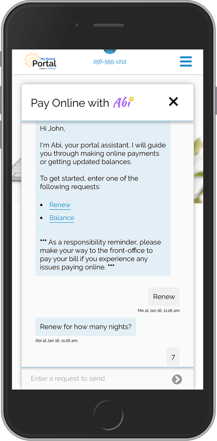 Smartphone showing a chat screen with a pop-up message about paying online with a card.