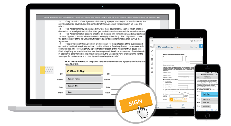 Laptop, tablet, and phone showing an e-signature form with a highlighted “SIGN” button