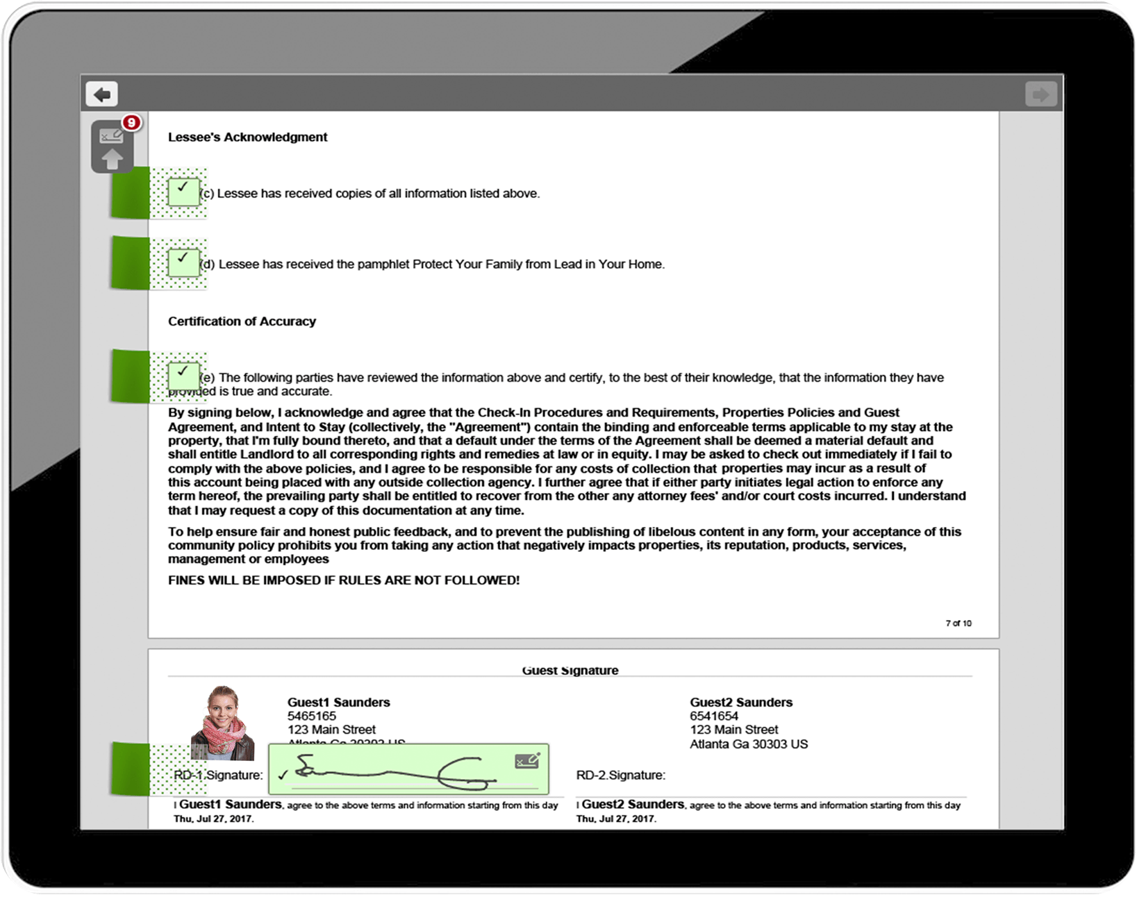 Tablet screen showing a document with highlighted text and a profile photo at the bottom