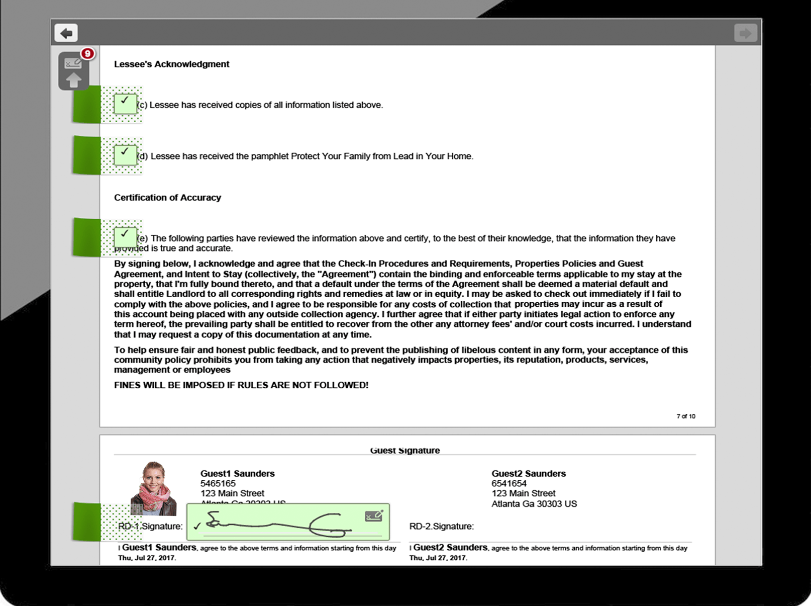 Blurry document page with green callout boxes and a small ID-style photo at the bottom