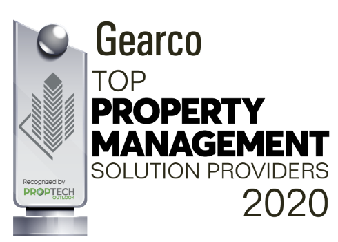 Gearco Top Property Management Solution Providers 2020 award graphic with silver trophy logo