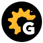 Black circle logo with a yellow gear and white letter G inside