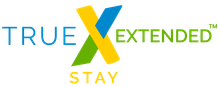 TRUE X EXTENDED STAY logo with blue and yellow text and a stylized X