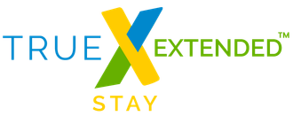 True Extended Stay logo with blue and green text and a large yellow-green X